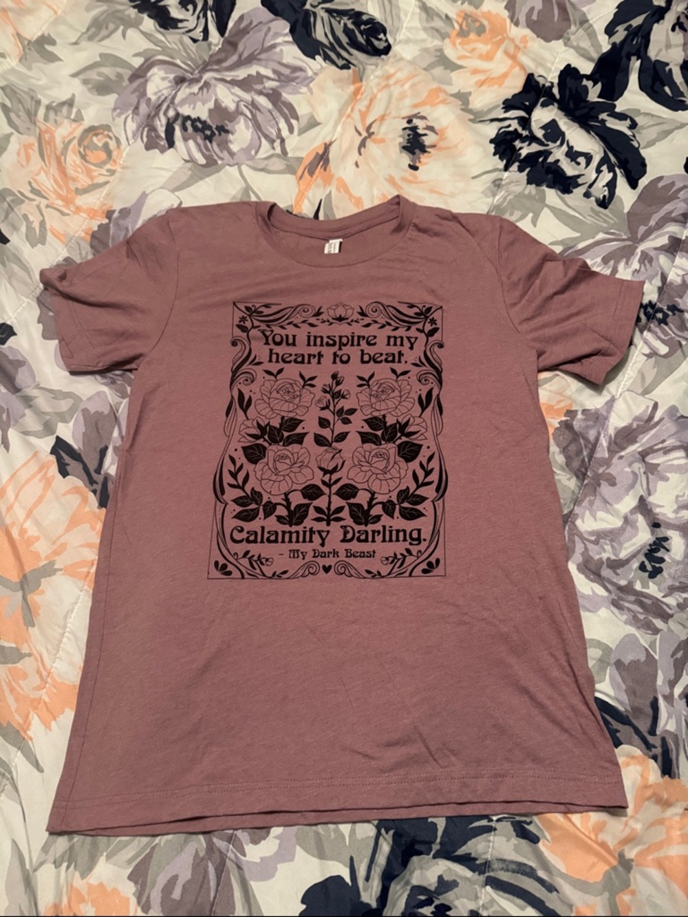 NWOT Bella+Canvas Dusty Rose Tee with Black Floral Accents